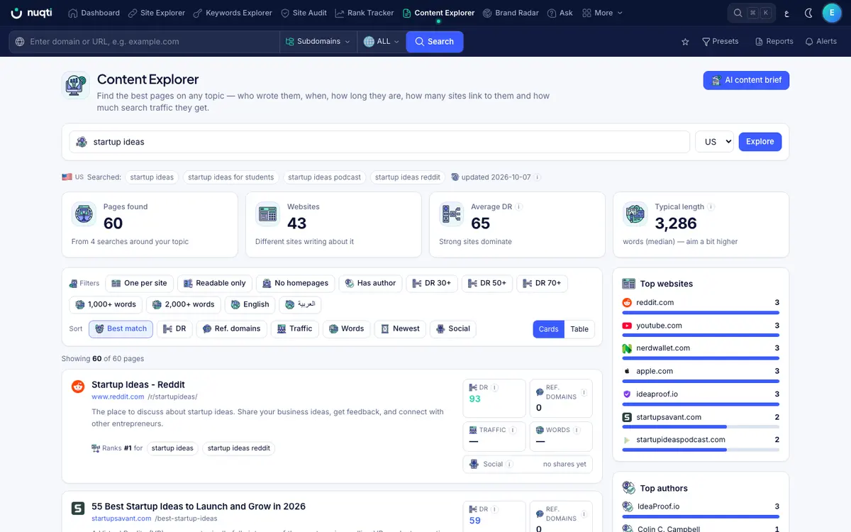Content Explorer in Nuqti — Find content that already wins — then do it better